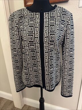 St. John Black & Cream Geometric Knit Jacket